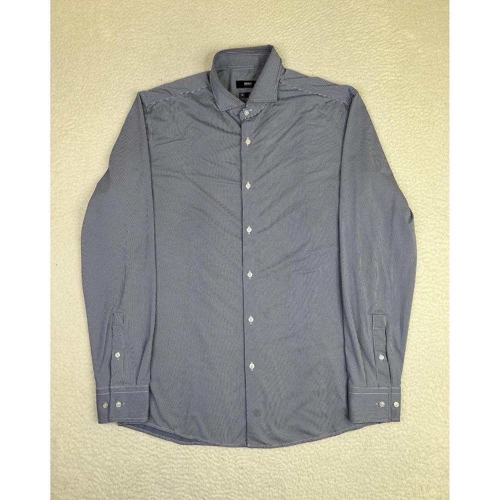 BOSS Hugo Boss‎ Dress Shirt Mens 16 34/35 Blue Check Slim Fit Italian Fabric LS